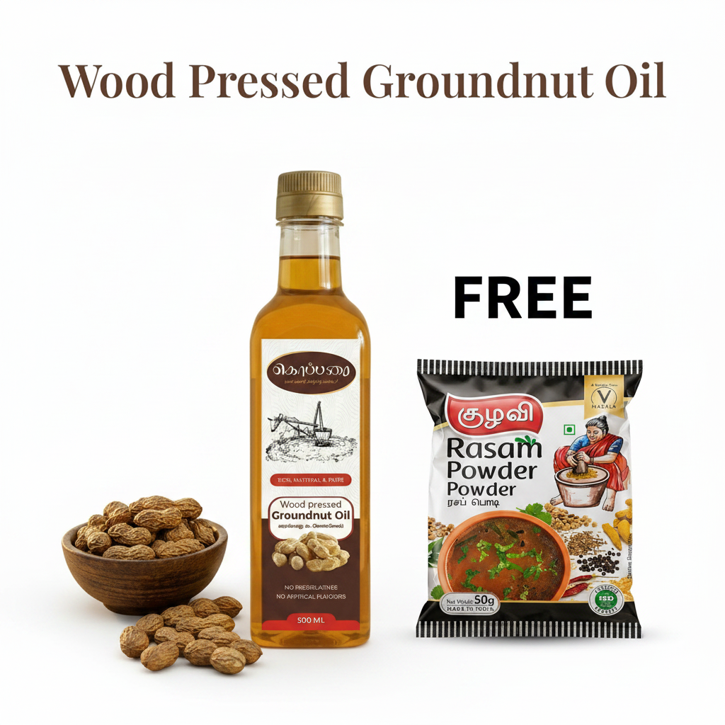 Wood Pressed Groundnut Oil 500ml with Free Rasam Powder 50g